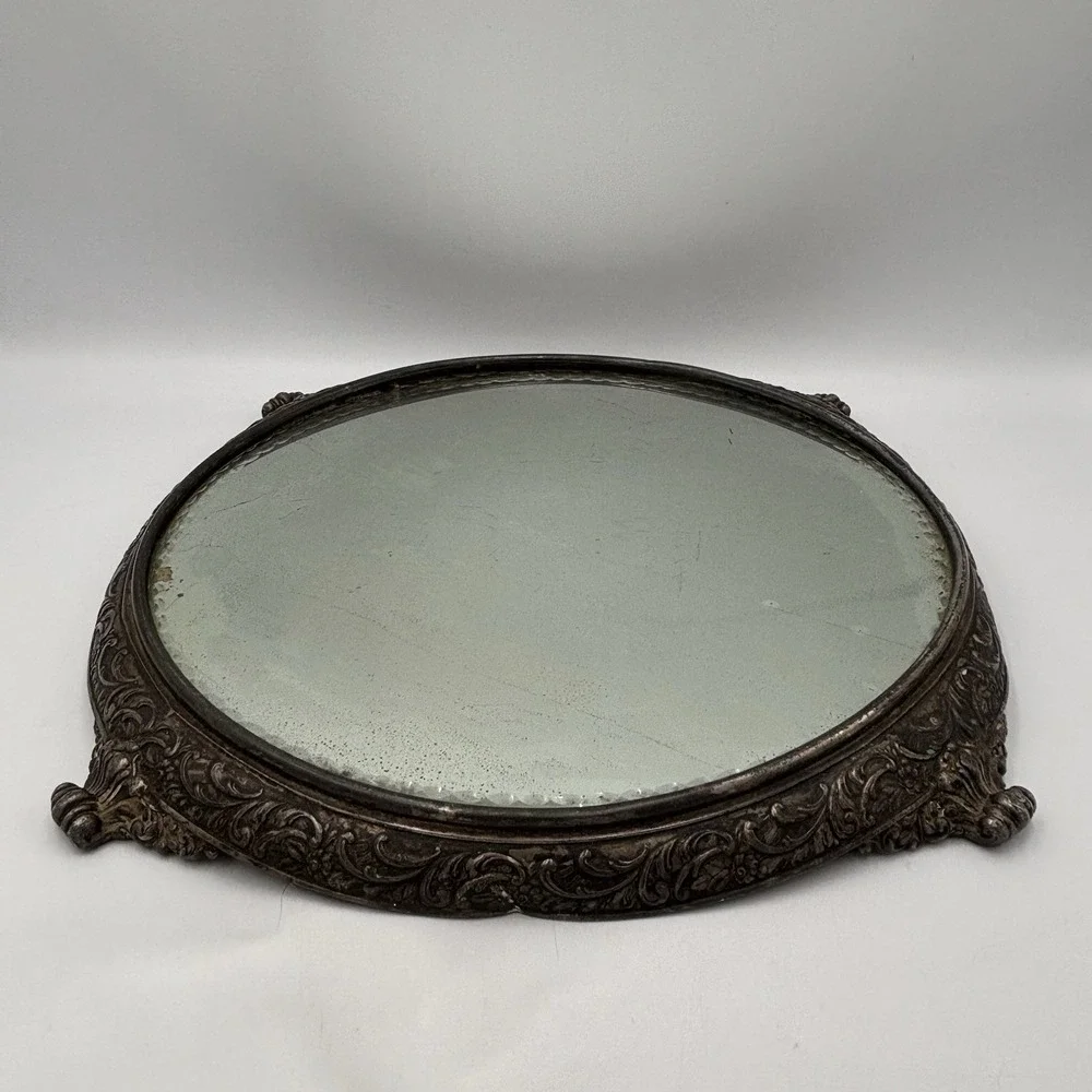 Antique Von Bergh‎ S.P. Co. Beveled Mirror Silver Plated Repousse Vanity Plateau